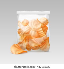 Vector White Vertical Sealed Transparent Plastic Bag for Package Design with Potato Ripple Crispy Chips Close up Isolated on White Background
