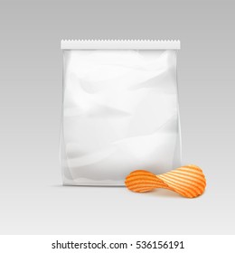 Vector White Vertical Sealed Transparent Plastic Bag for Package Design with Potato Ripple Crispy Chips Close up Isolated on White Background