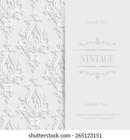 Vector White Vintage Background with 3d Floral Damask Pattern for Wedding or Invitation Card