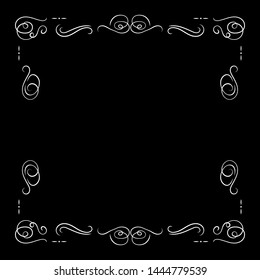 Vector White Vintage Frame Isolated on Black Background, Blank Border Template, Retro Movie Decorative Element, Filigree Lines.