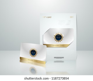 Vector white vip card presentation with golden frame. VIP membership or discount card. Luxury club ticket. Elite silver coupon. Vip card with jewel element on light background