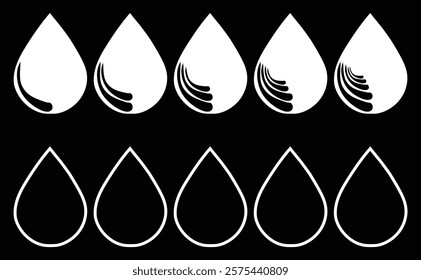 Vector white water drop icon set. Flat droplet logo shapes collection