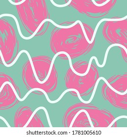 vector white wave horizontal lines and pink rough spiral shape brush stroke seamless pattern on green