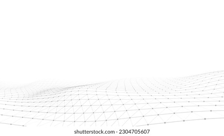 Vector white wave with motion dots and lines. Abstract digital background. Concept connection big data. Futuristic technology backdrop.