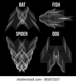 Vector white wavy optical line drawing,abstract icons of bat, fish, spider and dog on black background