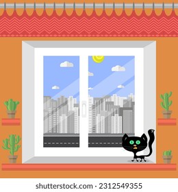 Vector White Window with Flowers and Cat on Orange Wall.