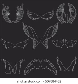 Vector white wings on a gray background, birds, angels, and bats