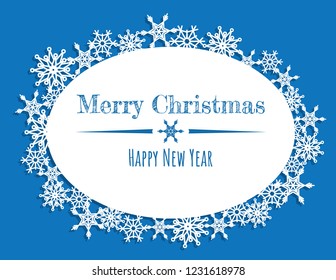 Vector white winter frame or wreath with snowflake. Perfect for New Year and Merry Christmas cards, prints, flayers, banners, invitations .Templates for laser, plotter cutting or wood carving.