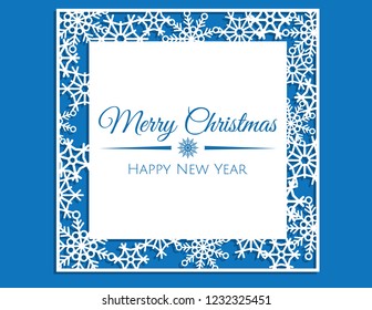 Vector white winter frame or wreath with snowflake. Perfect for New Year and Merry Christmas cards, prints, flayers, banners, invitations .Templates for laser, plotter cutting or wood carving.