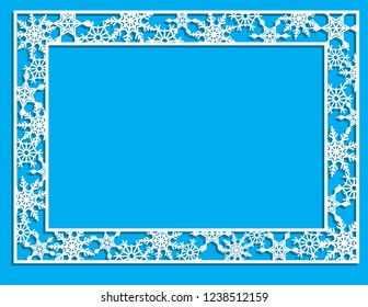 Vector blanco de marco invernal o corona con copo de nieve. Perfecto para tarjetas de Navidad de Año Nuevo y Feliz, impresiones, capas, banners, invitaciones .Plantillas para láser, corte de trazadores o tallado de madera.