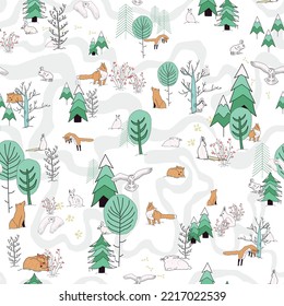 Vector white Winter landscape in the forest with animals and trees background pattern