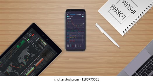 Vector White Wooden Working Table with Office Supplies Stuff and Digital Devices: Laptop Smartphone Computer. Online statistics and data Analytics.Digital money market, investment, finance and trading