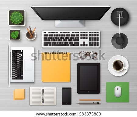 Vector White Wooden Working Table with Office Supplies Stuff and Digital Devices: Laptop Smartphone Computer Tablet Mouse Pencil Pen Notepad Stickers Cup Coffee Glasses Lamp Cactus Top View Workplace