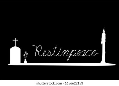 Vector - White wording Rest In Peace (RIP) with gravestone, jar of flower and candle on black background. Copy space. Sadness, Condolence.