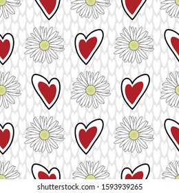 Vector White Yellow Daisy Flowers with Red Valentine Hearts on White Background Seamless Repeat Pattern. Background for textiles, cards, manufacturing, wallpapers, print, gift wrap and scrapbooking.