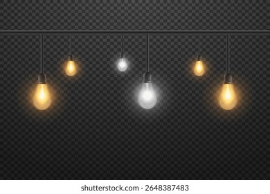 Lâmpadas incandescentes brancas e amarelas vetoriais. Luz e efeito de luz. EPS 10.