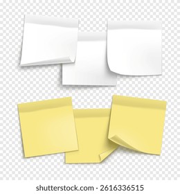 Vector white and yellow note paper isolated on transparent background. Realistic sticky note. Mockup of paper for design.