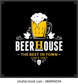 Vector white and yellow vintage beer house logo isolated on black background