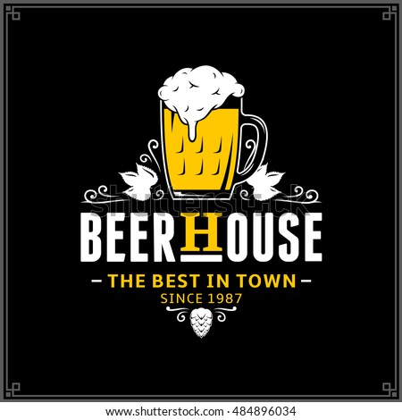 Vector white and yellow vintage beer house logo isolated on black background
