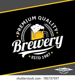 Vector white and yellow vintage brewery logo isolated on black background