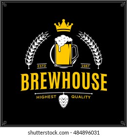 Vector white and yellow vintage brewhouse logo isolated on black background