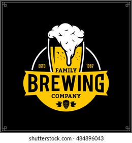 Vector white and yellow vintage brewing company logo isolated on black background