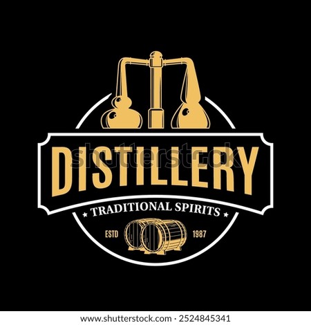 Vector white and yellow vintage distillery logo isolated on a black background