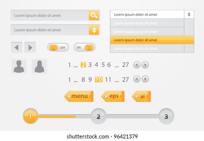 Vector white and yellow web elements: buttons, tags, pagination, switches, steps