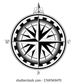 Vector white-black sketch of compass with map