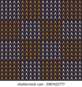 Vector white-yellow small triangle arrow shape in square grid seamless pattern on black background. Use for fabric, textile, interior decoration elements, upholstery, wrapping.
