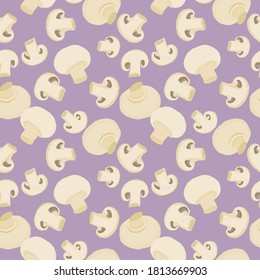 Vector whole and chopped mushrooms seamless pattern lilac background. Perfect for textile design, fashion prints, paper backgrounds.