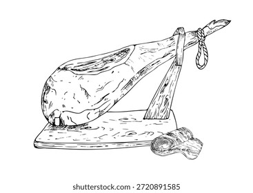 Vector de pierna de jamón curada entera en un soporte de madera. Tinta gráfica Ilustración tradicional de jamón serrano español, aislado sobre fondo. Boceto de línea dibujado a mano. Para los diseñadores, impresiones, logotipo, icono, menú