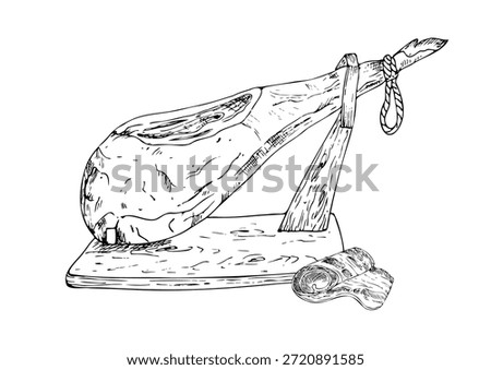 Vector whole cured ham leg on a wooden stand. Graphic ink Traditional spanish jamon serrano illustration, isolated on background. Hand drawn line sketch. For designers, prints, logo, icon, menu