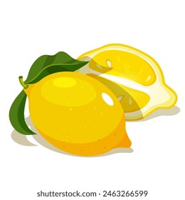 Vector frutas de limón enteras y medias frescas con hojas aisladas sobre fondo blanco.