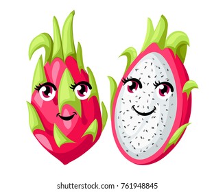 Vector whole and sliced vivid pink dragon fruit isolated on white background. Fruit with eyes. Website page and mobile app design.