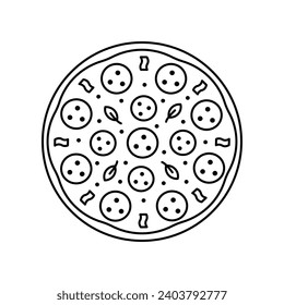 Vector pizza entera y sabrosa línea italiana de comida rápida. Salami, peperoni. Servicio de entrega de comida rápida. Icono de esbozo con estilo de contorno. Sobre fondo blanco.