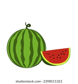 Vector of a whole watermelon that looks fresh with light green and dark green colors on the watermelon display and there are also pieces of watermelon next to the whole watermelon