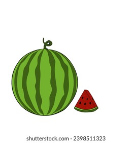 Vektorgrafik einer ganzen Wassermelone, die frisch mit hellgrünen und dunkelgrünen Farben auf der Wassermelonanzeige aussieht, und neben der gesamten Wassermelone gibt es auch Wassermelonen