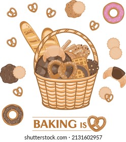 Cesta de mimbre vectorial con panadería aislada en el fondo blanco