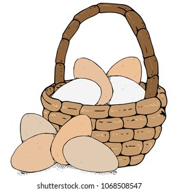 Vector of a wicker basket with eggs. Hand drawn basket with eggs.