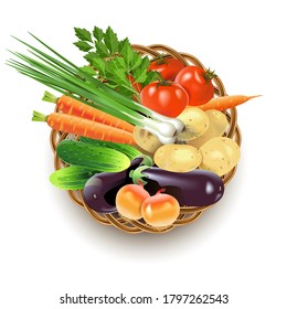 Vector Wicker Dish with Vegetables isolated on white background