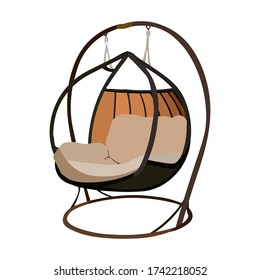 Vector wicker hanging chair swing hanging on a chain with cushions on white background