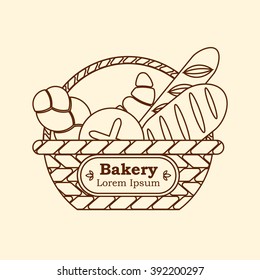 Vector wicker linear basket with bakery isolated on the light background