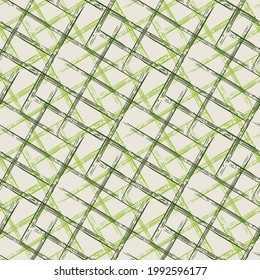 Vector wicker weave grunge style seamless pattern background. Painterly brush stroke criss cross irregular backdrop. Woven basket monochrome sage green repeat. Faux fibre rattan texture for packaging