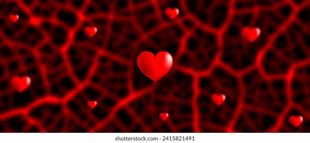 Pancarta borrosa abstracta y vectorial. Estructura de células profundas y corazones ahumados. Vómitos de sangre turbia. Día de San Valentín. Amor y sentimientos calientes. Fondo de escritorio o fondo.