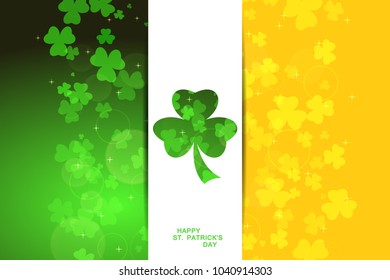 Vector wide abstract green and yellow background for Happy St. Patrick's Day with white stripe at the center,  leaves of clover pattern and glow.