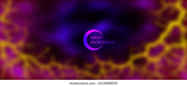 Vector wide banner. Blurred futuristic smoky background. Glowing purple nebula. Global pinkish yellow structure. Abstract wallpaper or flyer.