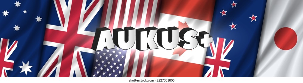 Vector wide banner. Military political defense alliance. 3D inscription AUKUS + against the background of wavy flags of Australia, United Kingdom, USA, Canada, New Zealand and Japan