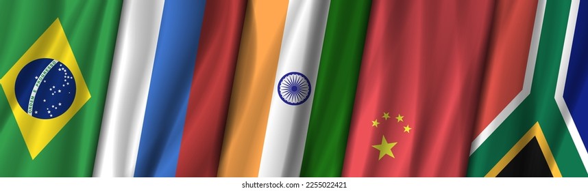 Vector wide banner with wavy flags. Interstate association of five states BRICS. Brazil, Russia, India, China and South African.