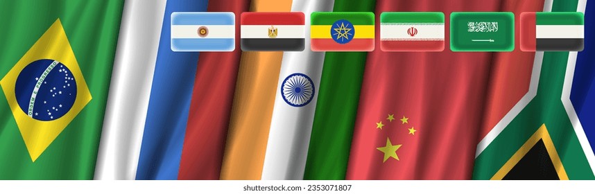 Pancarta vectorial amplia con banderas onduladas. Asociación interestatal de cinco estados BRICS. Brasil, Rusia, India, China y Sudáfrica y seis nuevos miembros. 2023